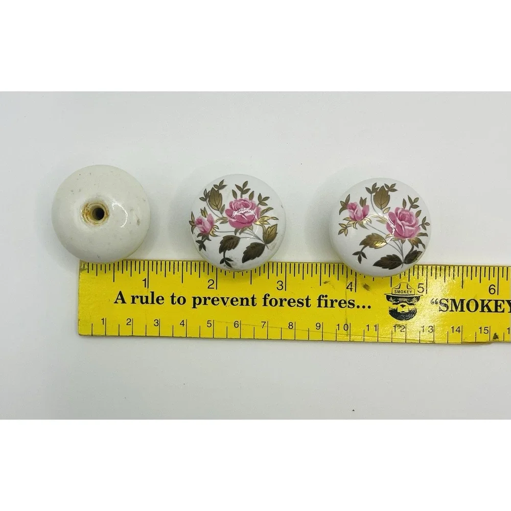 LOT Of 3 VTG Porcelain/Ceramic Drawer/Cabinet Knobs 2 With Pink Roses And Gold.
